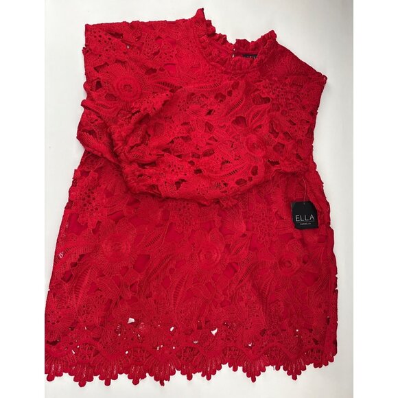 Ella Rafaella Womens Red Lace Blouse Size Large Stylish Floral Crochet Design - Picture 1 of 12
